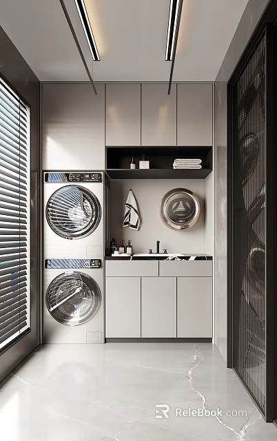 Modern Home Balcony Interior With Stacked Washer Dryer Storage Cabinets And Sink 3d model 