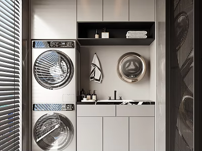 Modern Home Balcony Interior With Stacked Washer Dryer Storage Cabinets And Sink 3d model
