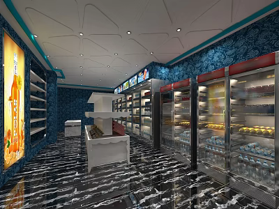 Modern KTV Interior With Display Fridges Beverages Snacks Marble Floor And Blue Patterned Walls 3d model