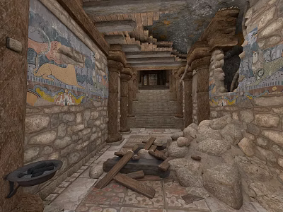 Ancient Cave Interior With Colorful Murals Stone Pillars And Stone Steps 3d model
