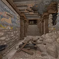 Ancient Cave Interior With Colorful Murals Stone Pillars And Stone Steps