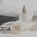 Yellow Sports Car With Girl Standing On Roof Modern Industrial Background Wet Ground Reflection