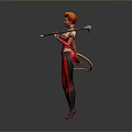 Woman In Red Bodysuit Holding Staff And Whip Against Gray Background