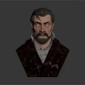 Detailed Bearded Man 3D Bust Model Wearing Dark Coat Against Gray Background
