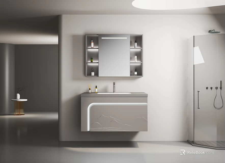 Modern Wall Mounted Bathroom Vanity With White Marble Countertop And Mirror In Elegant Minimalist Design 3d model 