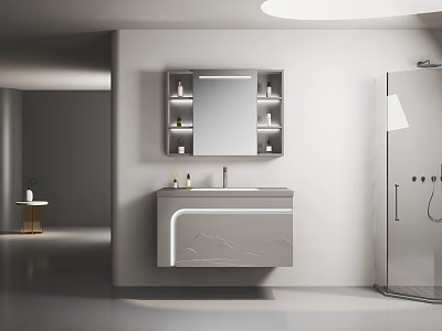 Modern Wall Mounted Bathroom Vanity With White Marble Countertop And Mirror In Elegant Minimalist Design 3d model