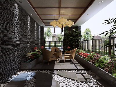 New Chinese Style Balcony Sun Room 3d model