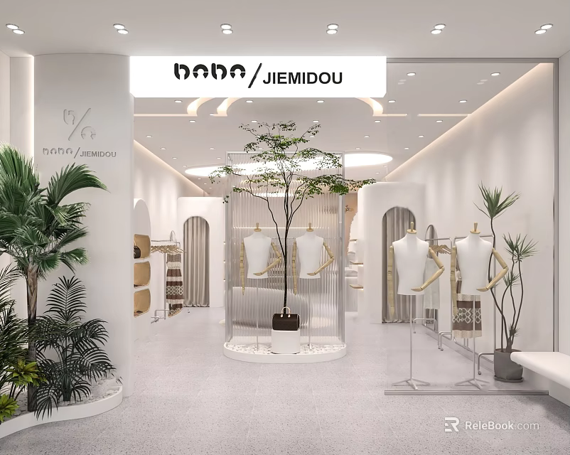 Modern Clothing Store Interior With White Design Plants Mannequins And Clothing Racks 3d model 