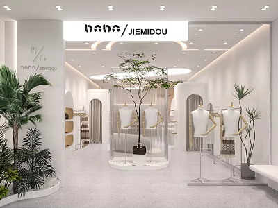 Modern Clothing Store Interior With White Design Plants Mannequins And Clothing Racks 3d model