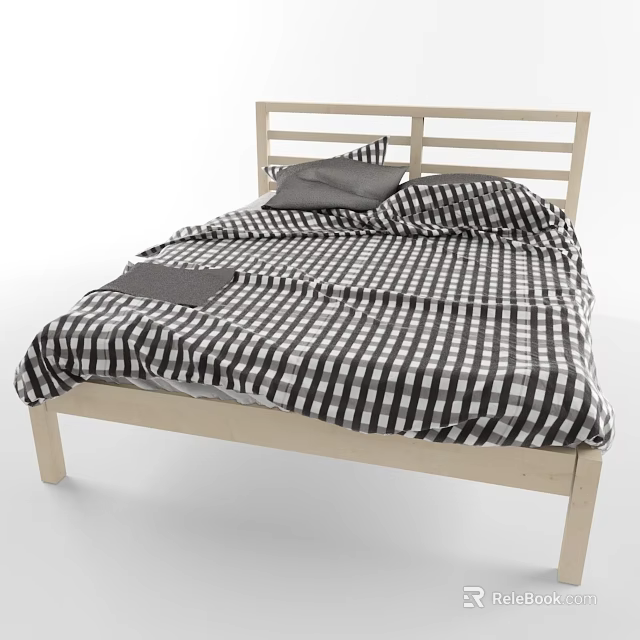 Stylish Double Bed With Wooden Headboard Checkered Bedspread and Plush Pillows 3d model