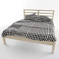 Stylish Double Bed With Wooden Headboard Checkered Bedspread and Plush Pillows 3d model