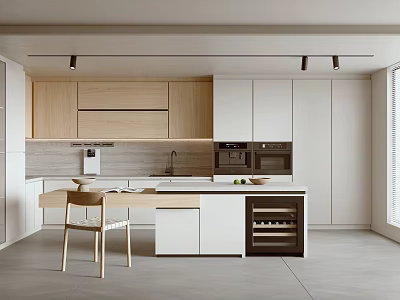 Modern Restaurant Kitchen With Wooden White Cabinets Island Counter Dining Table And Wine Rack 3d model