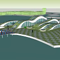 Modern Green Roof Buildings On Waterfront With Wooden Pier And People