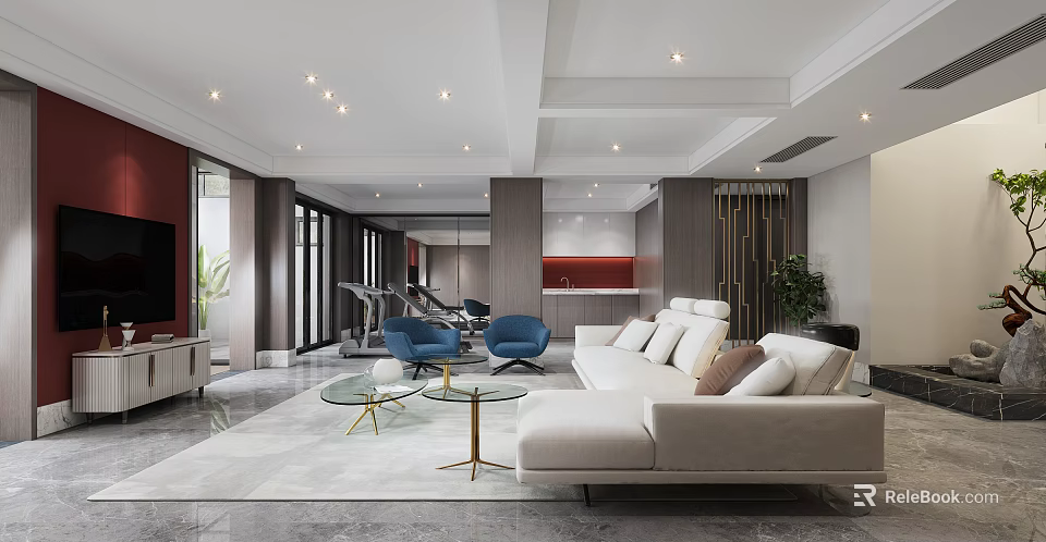 Modern Living Room Interior With White Sectional Sofa Blue Accent Chairs And Glass Coffee Tables 3d model 