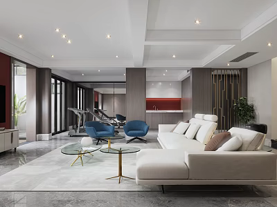 Modern Living Room Interior With White Sectional Sofa Blue Accent Chairs And Glass Coffee Tables 3d model