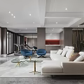 Modern Living Room Interior With White Sectional Sofa Blue Accent Chairs And Glass Coffee Tables
