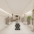 Modern Elegant Clothing Store Interior Featuring Beige Wooden Furniture Mannequin Display Shelves And Green Plants