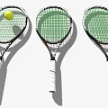 Sports Equipment Three Tennis Rackets With Green Strings White Handles And A Tennis Ball