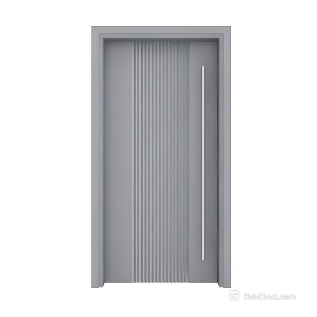 Modern Gray Swing Door With Vertical Grooved Panel And Long Metal Handle 3d model 
