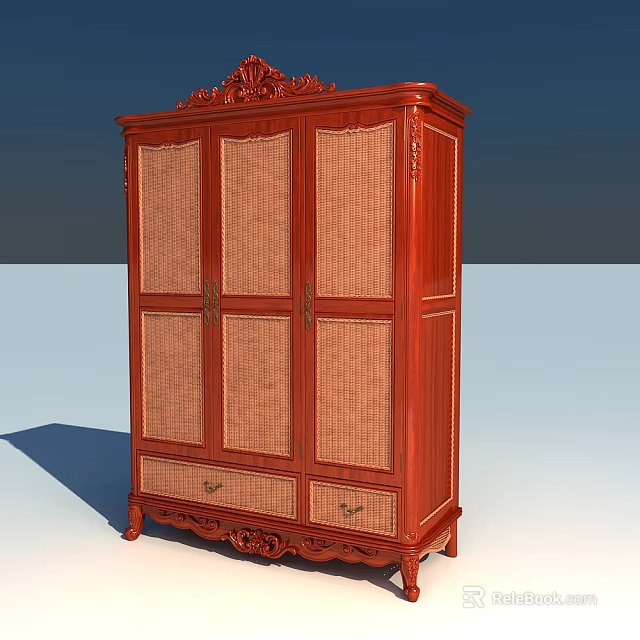 Traditional Red Wood Wardrobe with Carved Decorations Rattan Doors and Bottom Drawers 3d model 