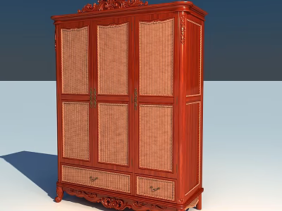 Traditional Red Wood Wardrobe with Carved Decorations Rattan Doors and Bottom Drawers 3d model