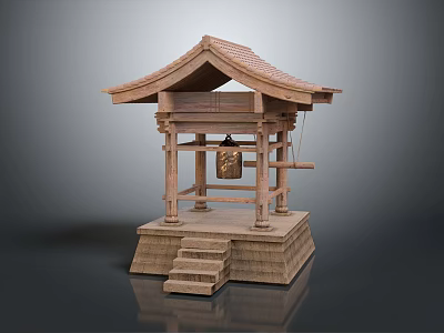 Cartoon Scene Of Japanese Style Wooden Pavilion With Tile Roof Steps And Copper Bell 3d model