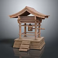 Cartoon Scene Of Japanese Style Wooden Pavilion With Tile Roof Steps And Copper Bell