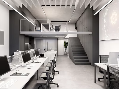Modern Public Office Space With Workstations Long Desks Office Chairs Staircase Mezzanine And Projector Screen 3d model