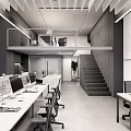 Modern Public Office Space With Workstations Long Desks Office Chairs Staircase Mezzanine And Projector Screen