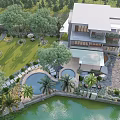 Modern Luxury Detached Villa Exterior With Garden Terrace Greenery And White Car