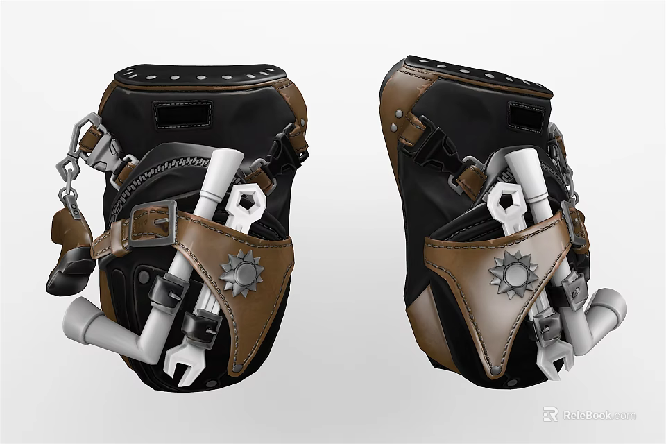 Mechanical Style Black Brown Tool Bag With Wrench Gear And Chain Straps 3d model 