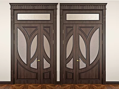 Dark Brown Wooden Double Doors With Glass Panels And Decorative Top On Wooden Floor 3d model
