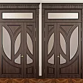 Dark Brown Wooden Double Doors With Glass Panels And Decorative Top On Wooden Floor
