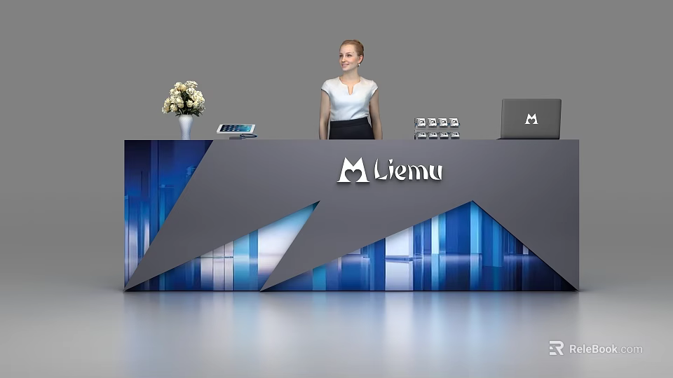 Modern Liemu Reception Desk With Blue Geometric Pattern Laptop And Flower Arrangement 3d model 