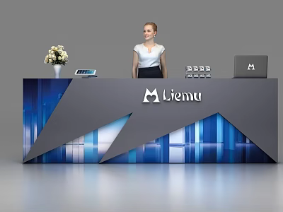 Modern Liemu Reception Desk With Blue Geometric Pattern Laptop And Flower Arrangement 3d model