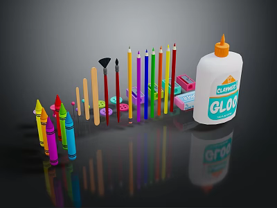 Assorted Colored Pencils Crayons with Glue Bottle Erasers and Stationery Supplies 3d model