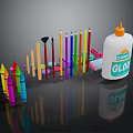 Assorted Colored Pencils Crayons with Glue Bottle Erasers and Stationery Supplies