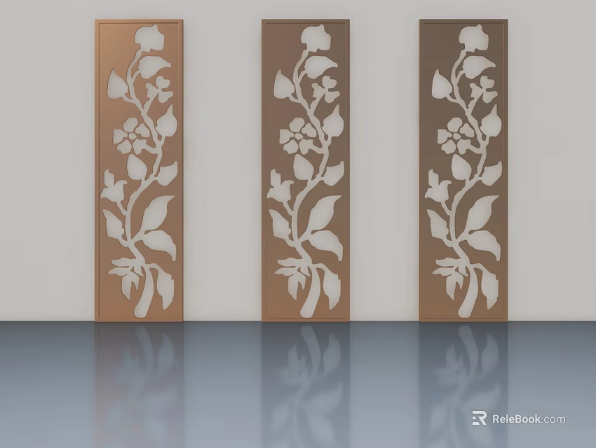 Three Brown Interior Hinged Doors With White Floral And Leaf Patterns 3d model