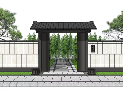Japanese Style Entrance Gate With Black Roof White Walls Stone Path And Surrounding Trees 3d model