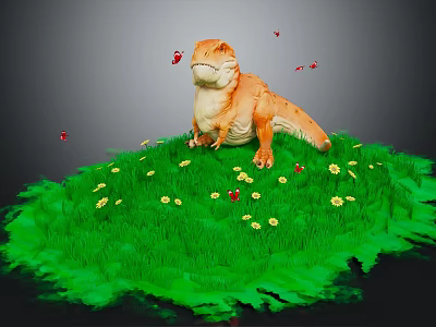 Orange Dinosaur Reptile Standing On Green Grass With Yellow Red Flowers And Flying Red Butterflies 3d model