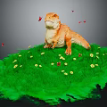 Orange Dinosaur Reptile Standing On Green Grass With Yellow Red Flowers And Flying Red Butterflies