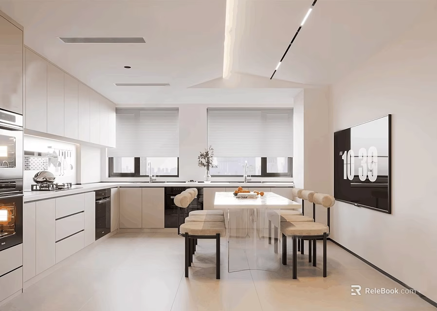 Modern White Kitchen Interior Design With Cabinets Dining Table Chairs And Appliances 3d model 