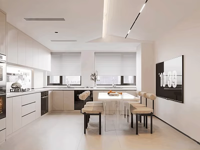 Modern White Kitchen Interior Design With Cabinets Dining Table Chairs And Appliances 3d model