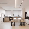 Modern White Kitchen Interior Design With Cabinets Dining Table Chairs And Appliances
