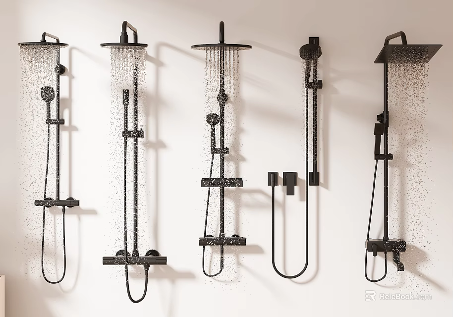 Black Wall Mounted Shower Systems With Various Styles Rainfall And Handheld Features 3d model 