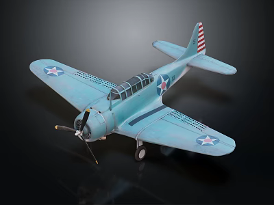Light Blue Fighter Jet Model With Stars On Wings And Propeller Against Dark Background 3d model