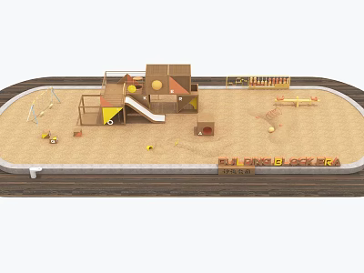 Fun Kids Play Area With Wooden Slide Sandpit Climbing Structures And Swings 3d model