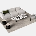 Light Gray Sofa And Coffee Table Set With Green Cushion Marble Top And Black Stools 3d model