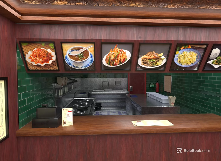 Restaurant Order Counter With Green Tile Wall Menu Display Wooden Counter And Kitchen Appliances 3d model 