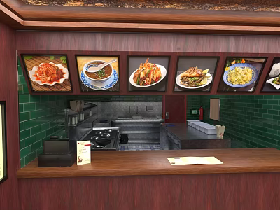 Restaurant Order Counter With Green Tile Wall Menu Display Wooden Counter And Kitchen Appliances 3d model